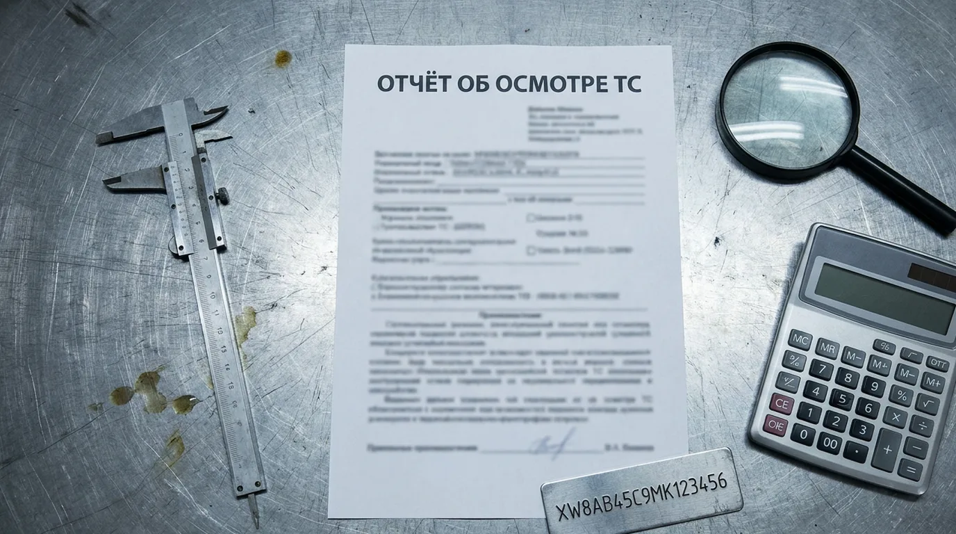 Отчёт о техническом осмотре ТС, штангенциркуль, лупа и калькулятор на верстаке